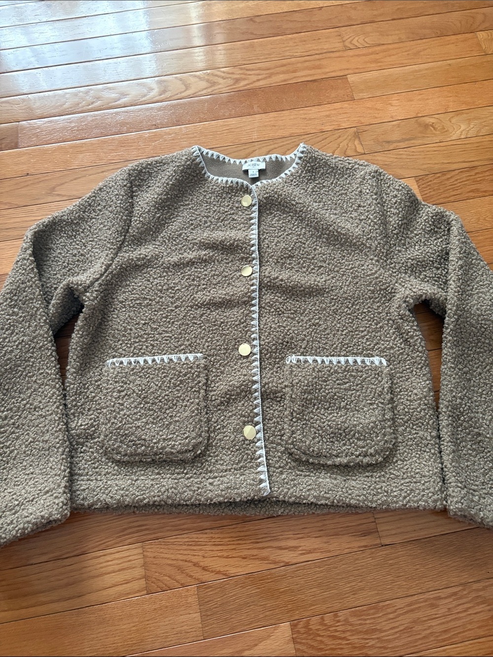 J. Crew Taupe Sherpa Top with White Trim